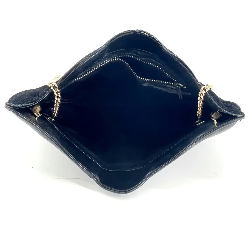 vintage 1970's mixed material scallop edge chain strap black suede handbag purse